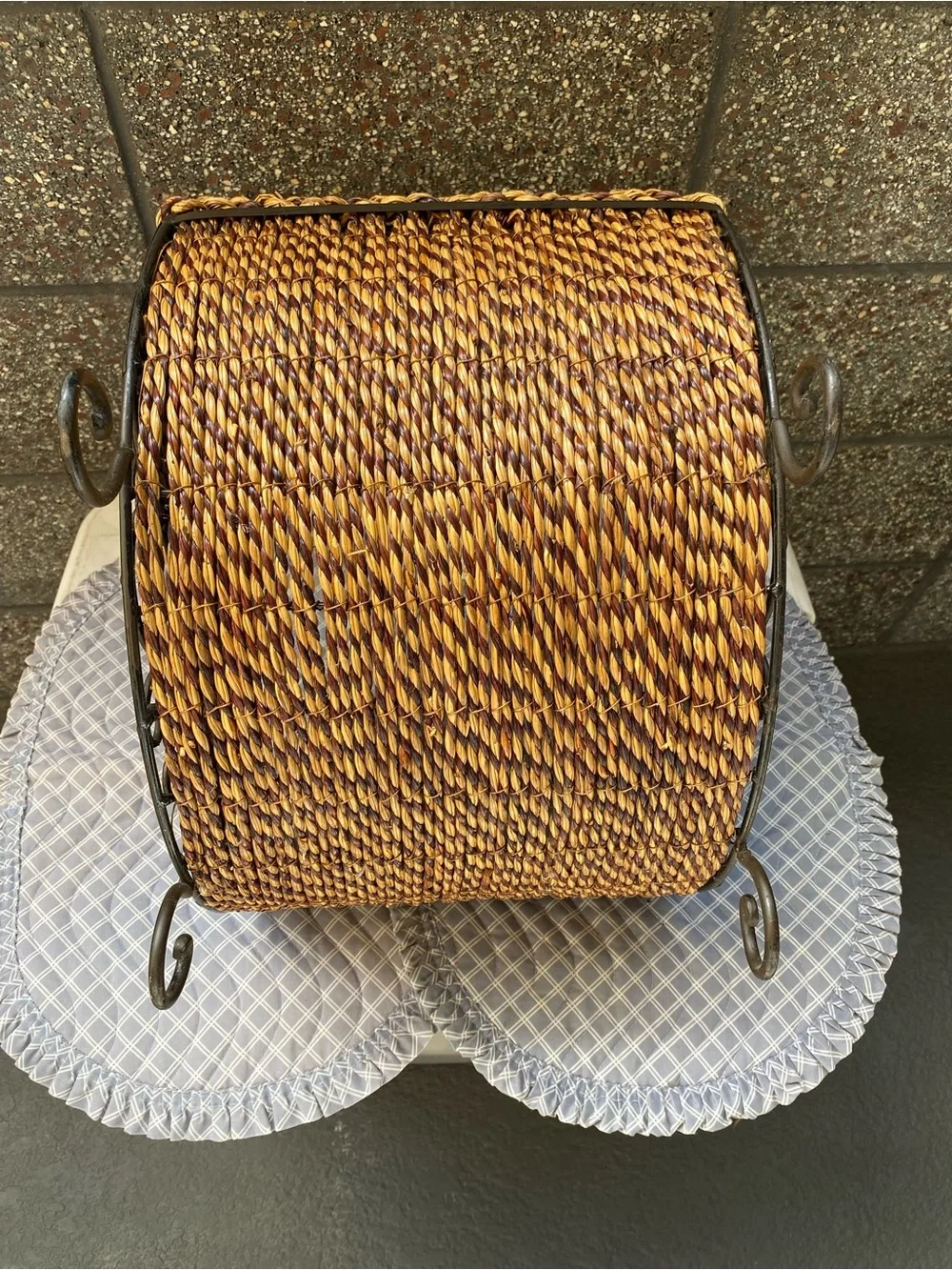 American Vintage Woven Natural Brown Basket with Twisted Iron Handle